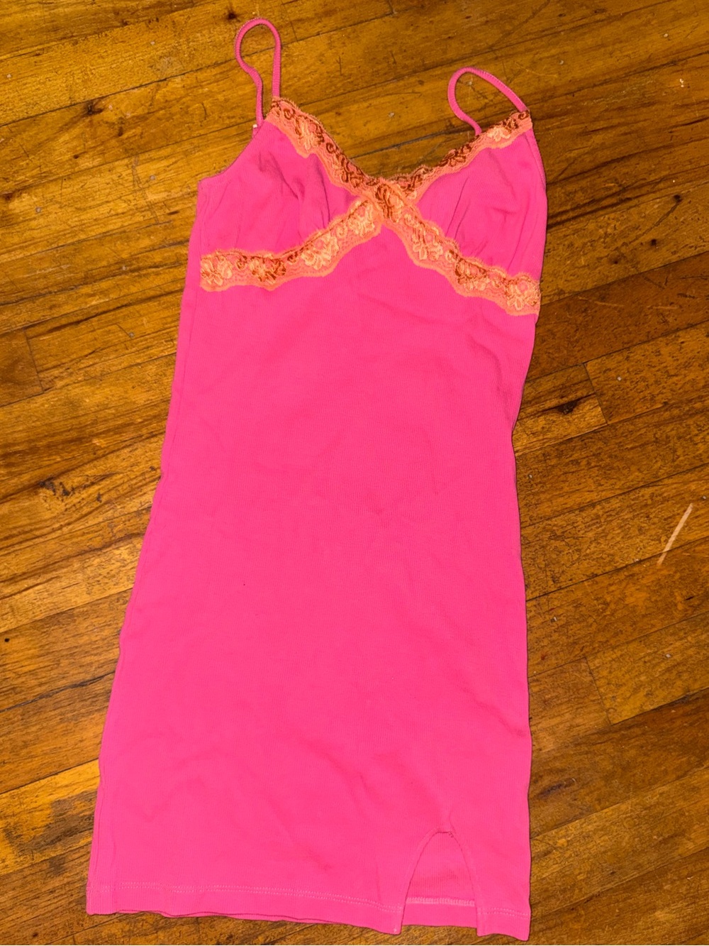 ASOS Hot Pink Slip Dress with Peach Lace Trim